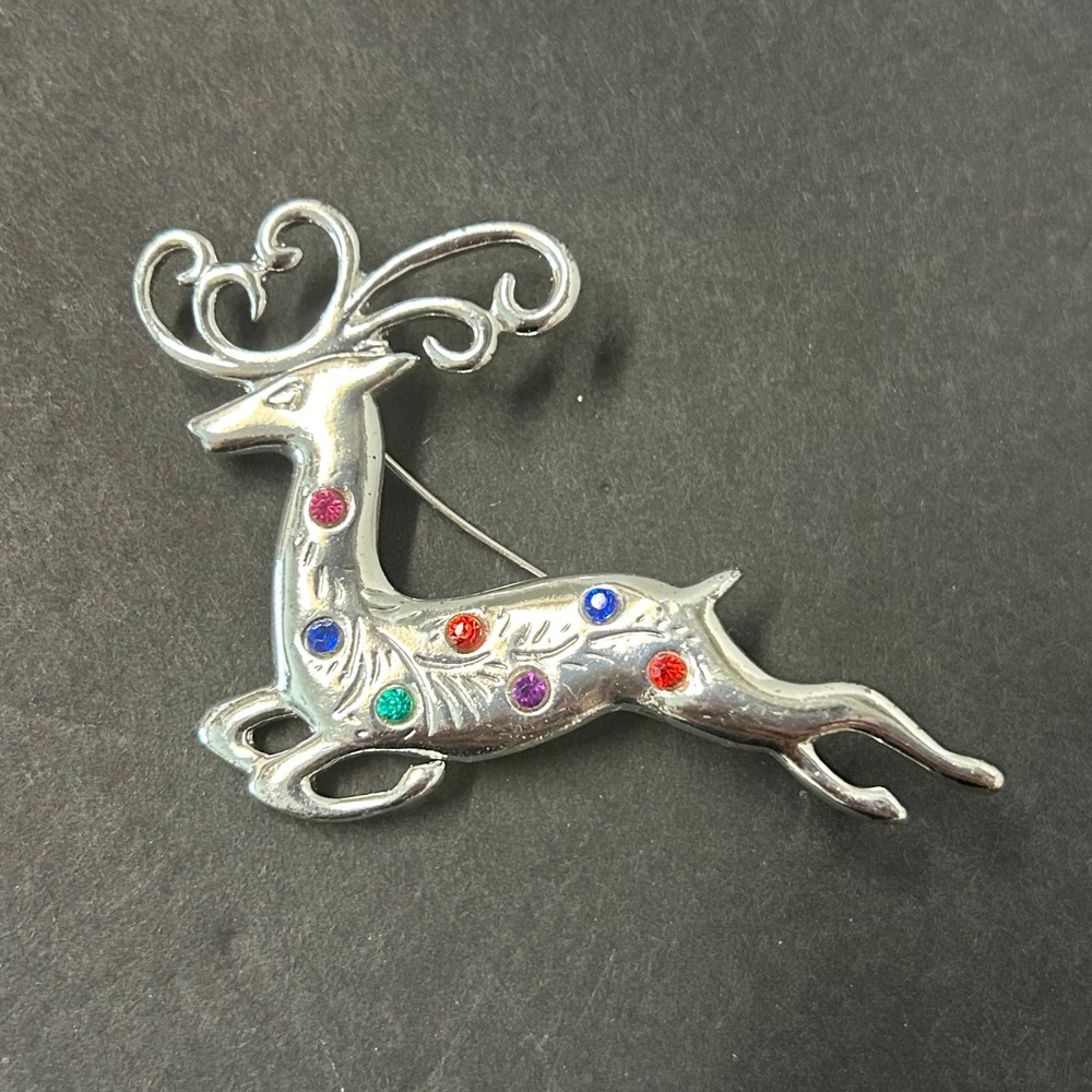 Vintage Inspired Brooch Silver Reindeer Rhinestone Christmas Pin